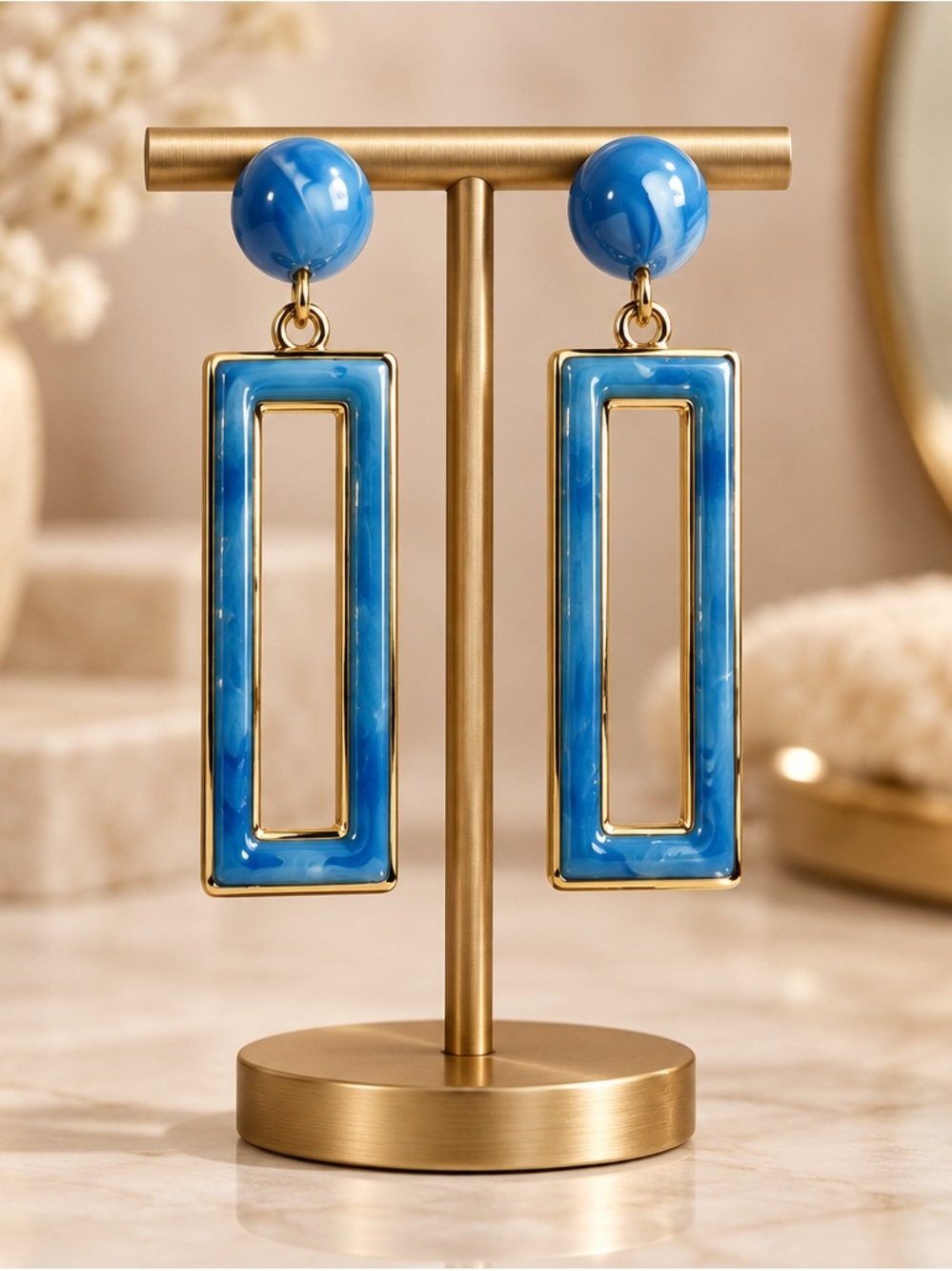 Fashion Jewelry Blue Enamel Rectangular Drop Earrings